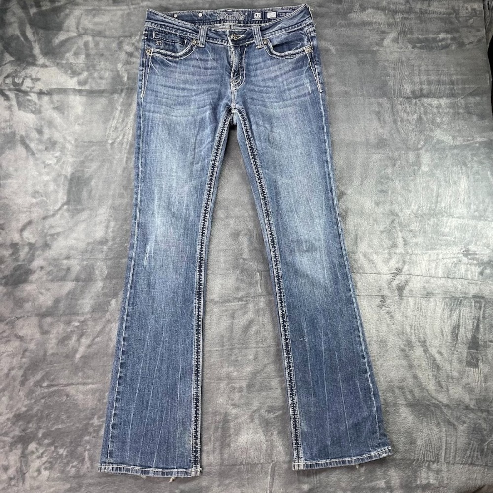 Miss Me Jeans Womens 31 Blue Mid Rise Boot Embellished Distressed JP5071UX